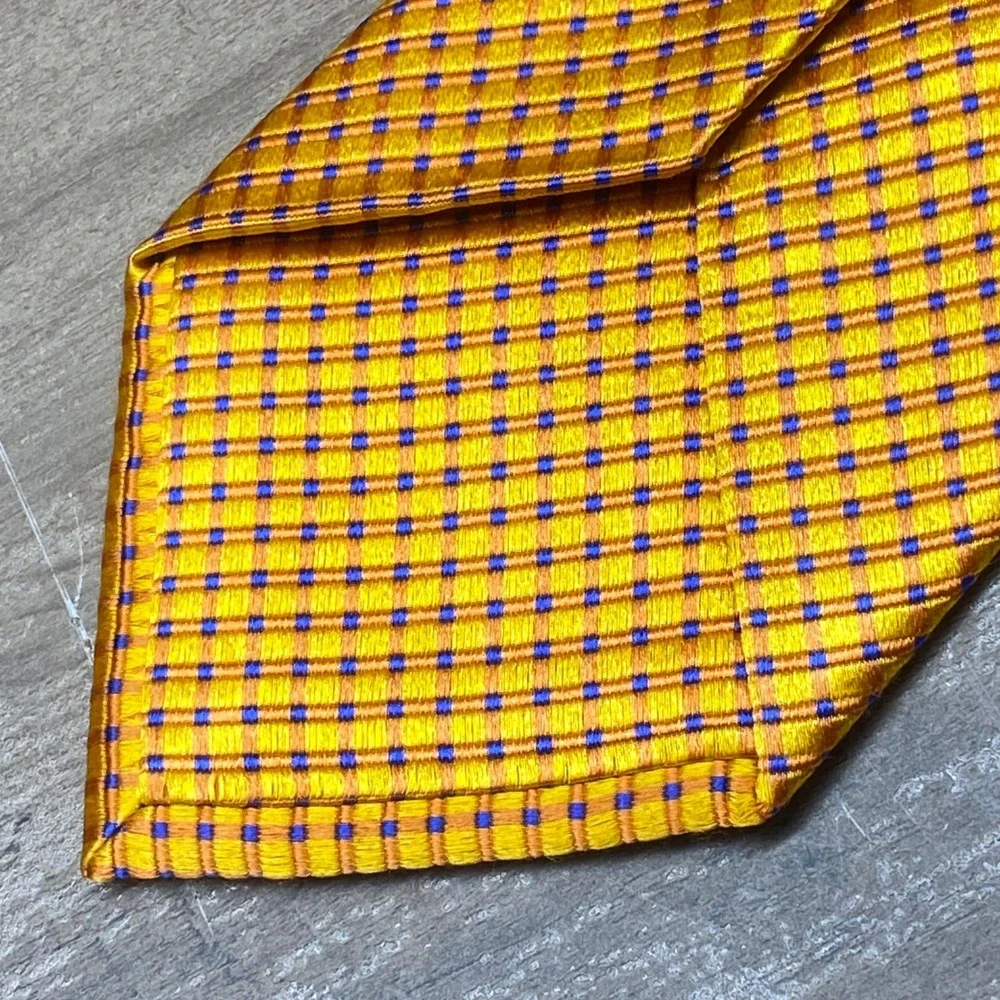 Vintage Ike Behar‎ Silk Necktie Check Mens Orange Gold Wedding Jacquard Business
